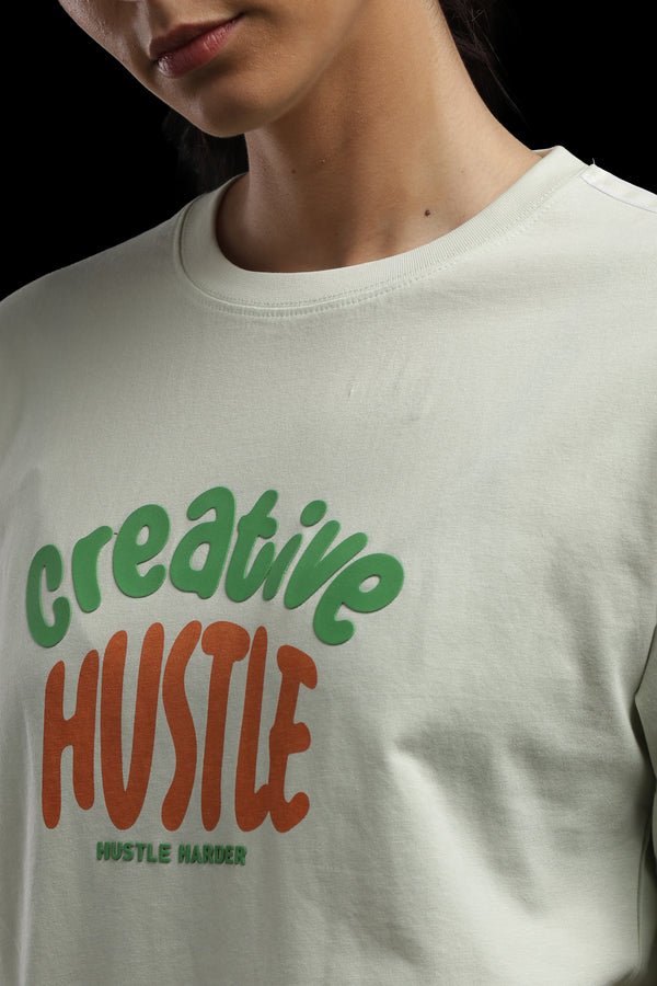 Outlaws Women Creative Hustle Oversized T-Shirt | Cream Graphic Printed Casual Loose Fit Tee for Women
