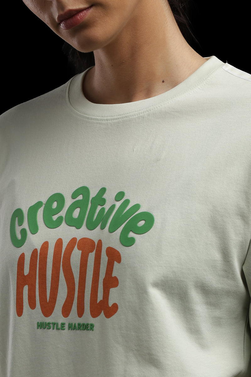 Outlaws Women Creative Hustle Oversized T-Shirt | Cream Graphic Printed Casual Loose Fit Tee for Women