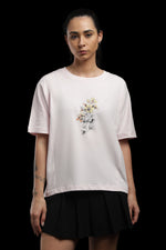 Outlaws Women Floral Print Oversized T-Shirt | Light Pink Casual Graphic Tee for Women | Half Sleeve Round Neck Loose Fit Top