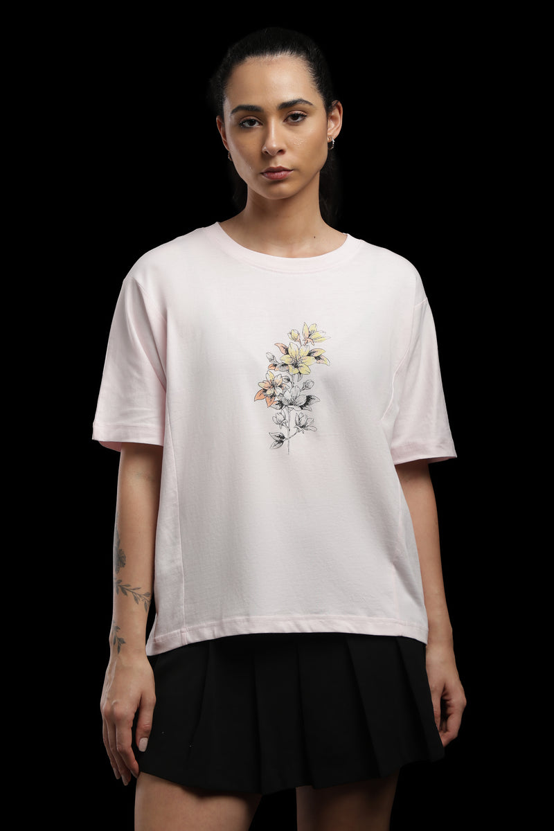 Outlaws Women Floral Print Oversized T-Shirt | Light Pink Casual Graphic Tee for Women | Half Sleeve Round Neck Loose Fit Top