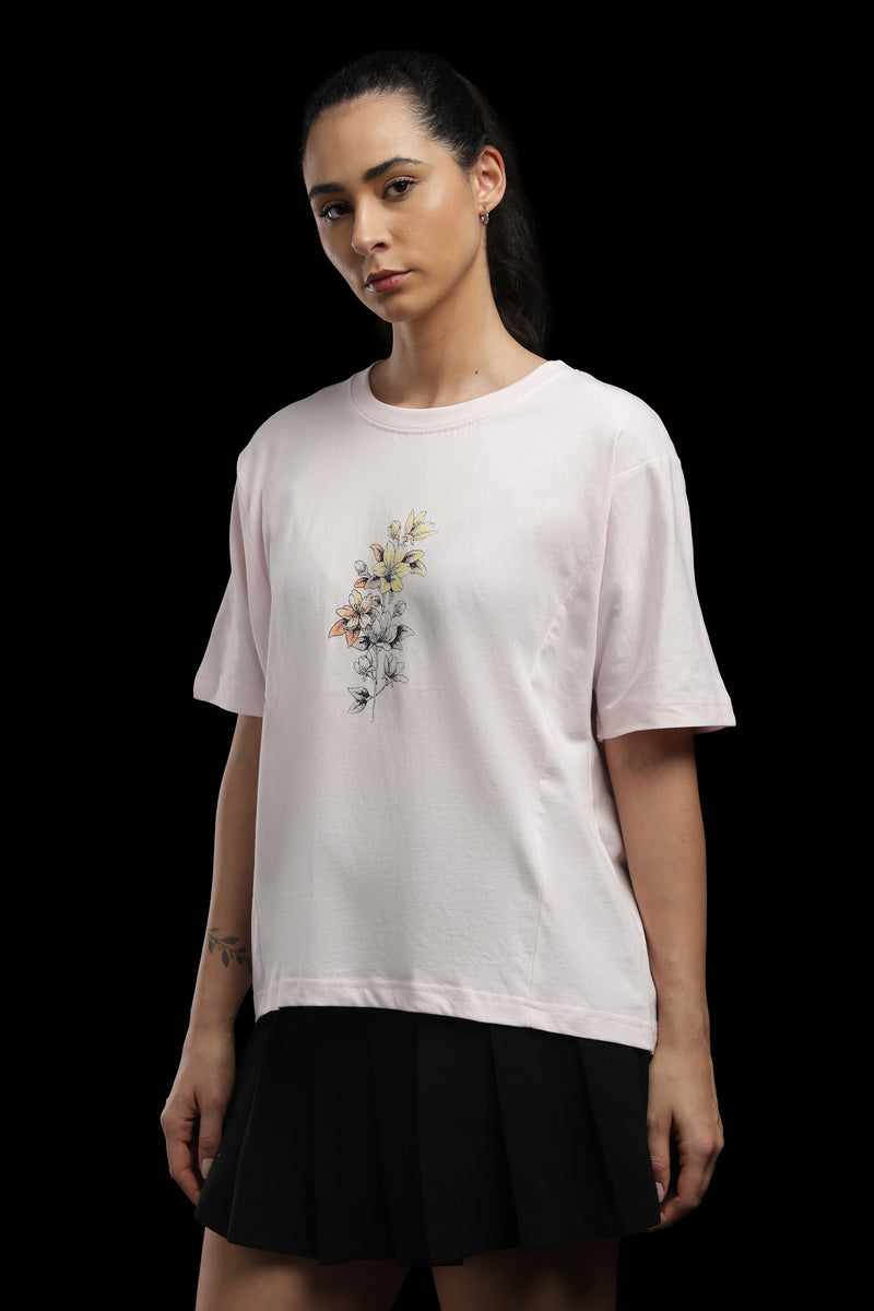 Outlaws Women Floral Print Oversized T-Shirt | Light Pink Casual Graphic Tee for Women | Half Sleeve Round Neck Loose Fit Top