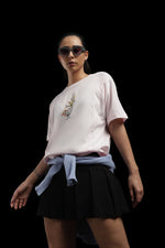 Outlaws Women Floral Print Oversized T-Shirt | Light Pink Casual Graphic Tee for Women | Half Sleeve Round Neck Loose Fit Top