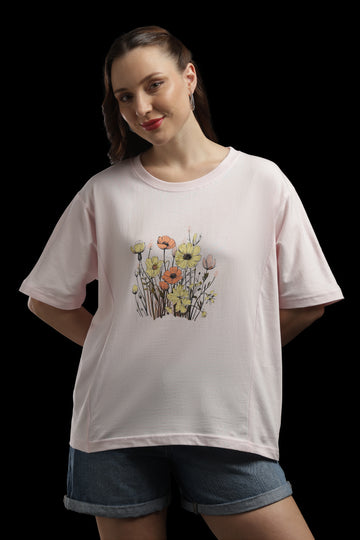 Outlaws Women Floral Print Oversized T-Shirt | Light Pink Casual Graphic Tee for Women