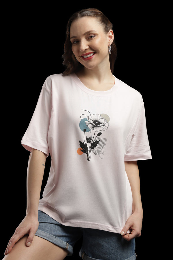 Outlaws Women Floral Print Oversized T Shirt - Light Pink Casual Tee