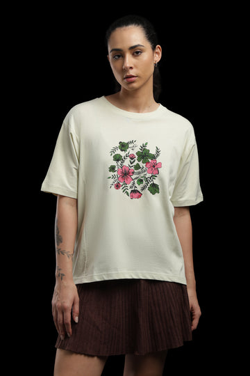 Outlaws Women Floral Print Oversized T Shirt - Off White Casual Tee