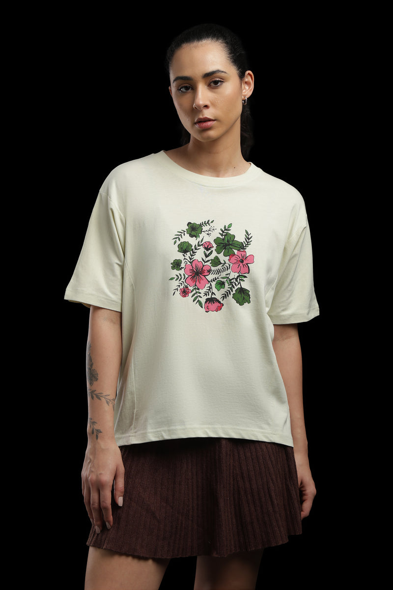 Outlaws Women Floral Print Oversized T Shirt - Off White Casual Tee