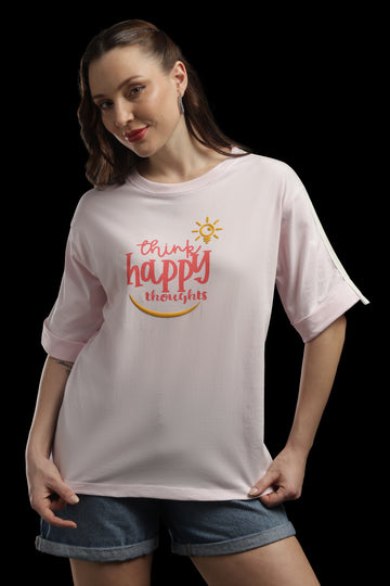 Outlaws Women Happy Thoughts Oversized T-Shirt | Pink Casual Graphic Printed Tee for Women