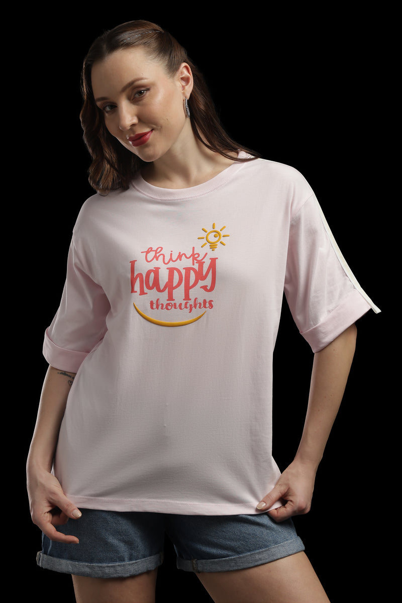 Outlaws Women Happy Thoughts Oversized T-Shirt | Pink Casual Graphic Printed Tee for Women