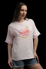 Outlaws Women Happy Thoughts Oversized T-Shirt | Pink Casual Graphic Printed Tee for Women
