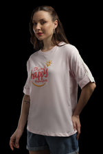 Outlaws Women Happy Thoughts Oversized T-Shirt | Pink Casual Graphic Printed Tee for Women