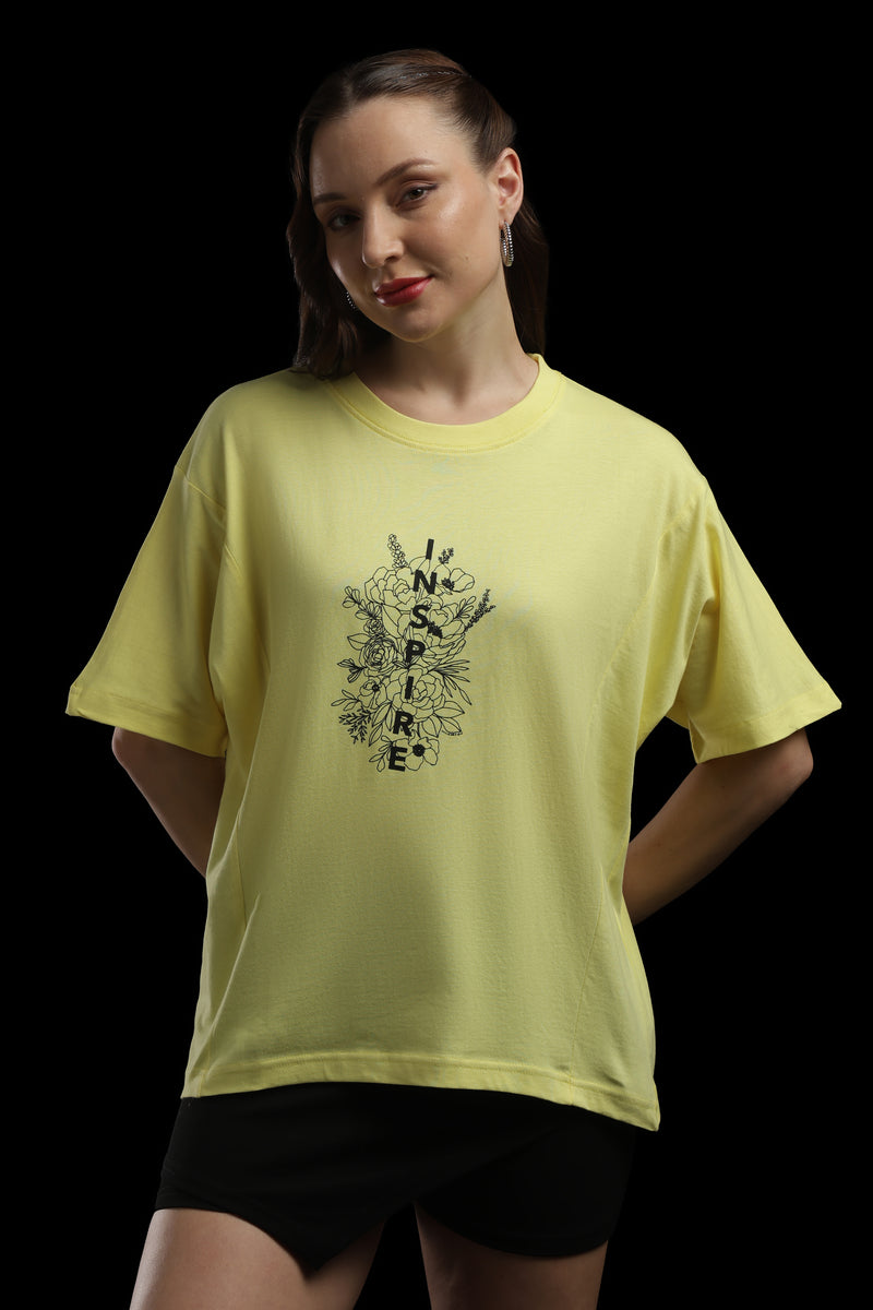 Outlaws Women Inspire Graphic Oversized T Shirt - Lemon Yellow Casual Tee