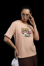 Outlaws Women Life Goes On Oversized T-Shirt | Peach Casual Graphic Printed Tee for Women