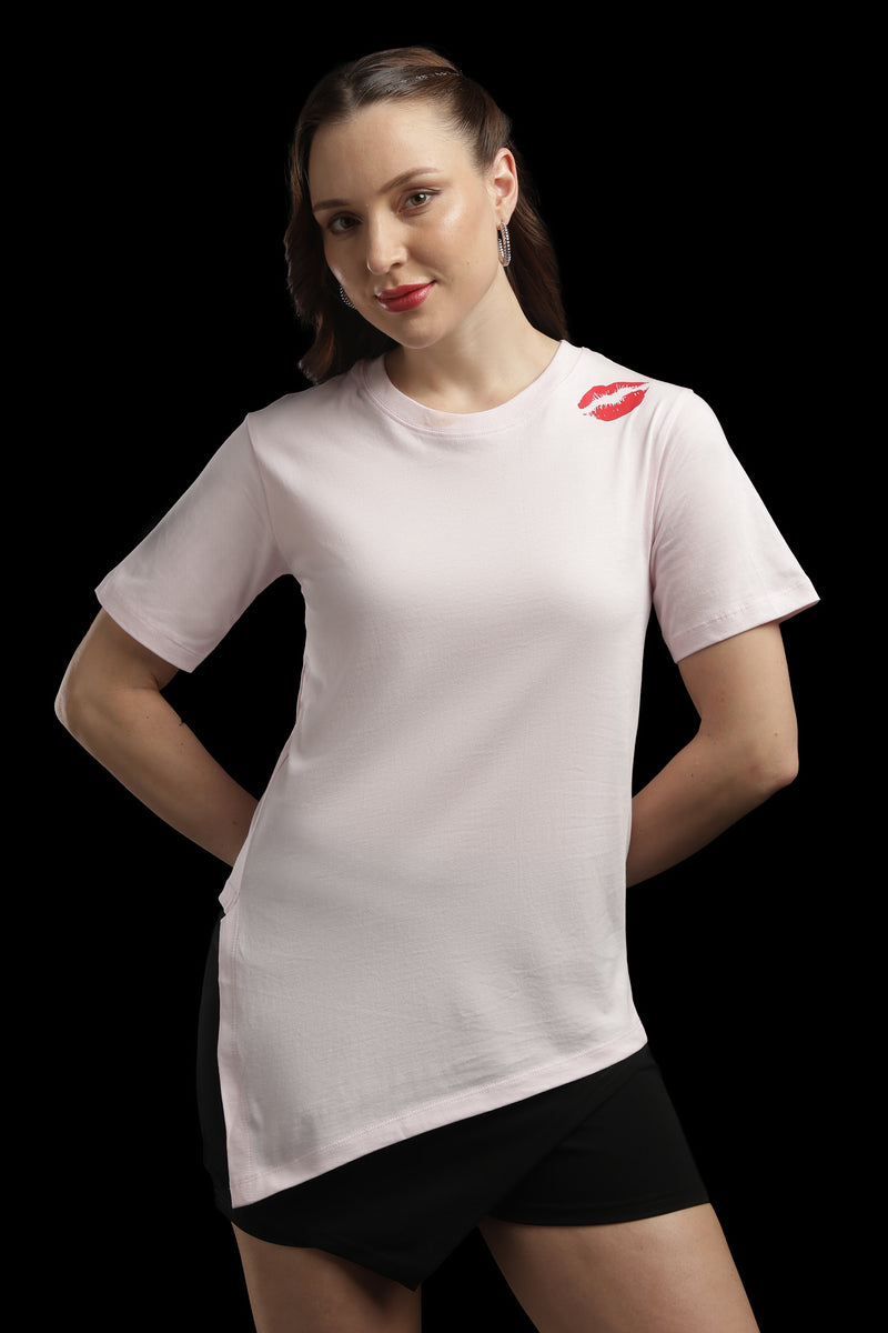 Outlaws Women Lip Print Asymmetrical T Shirt - Light Pink Casual Tee