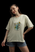 Outlaws Women Oversized Printed T Shirt - Floral Graphic Cream Cotton Tee