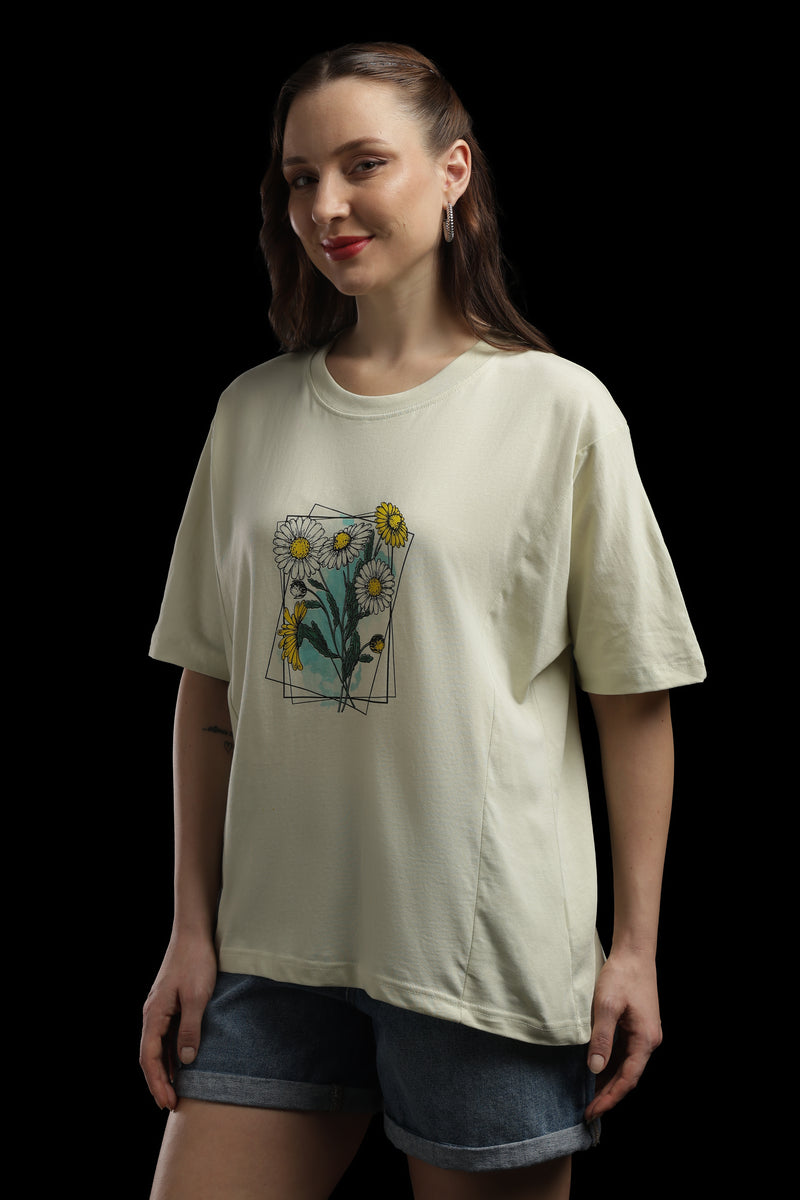 Outlaws Women Oversized Printed T Shirt - Floral Graphic Cream Cotton Tee