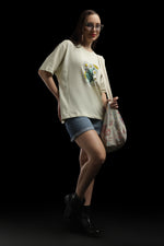 Outlaws Women Oversized Printed T Shirt - Floral Graphic Cream Cotton Tee