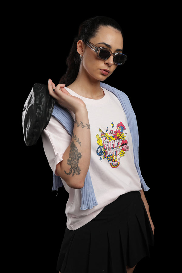 Outlaws Women Oversized Printed T Shirt - Trippy Hippie Graphic Light Pink Cotton Tee