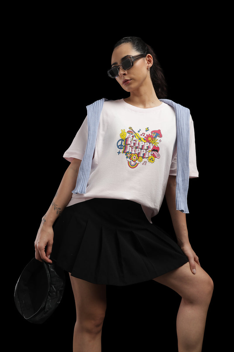 Outlaws Women Oversized Printed T Shirt - Trippy Hippie Graphic Light Pink Cotton Tee