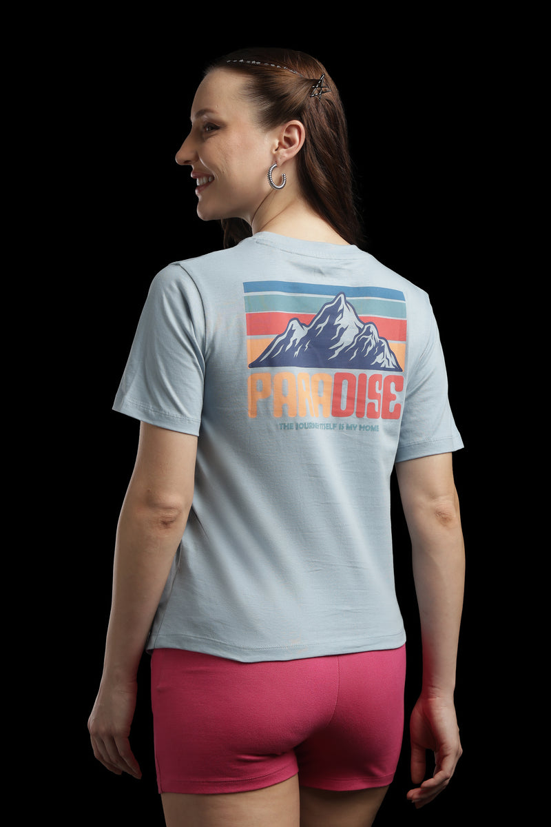 Outlaws Women Paradise Graphic T-Shirt | Sky Blue Casual Printed Tee for Women