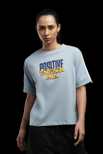 Outlaws Women Positive Energy Oversized T-Shirt | Blue Casual Graphic Printed Tee for Women