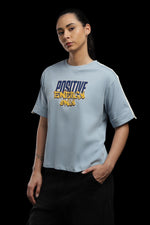 Outlaws Women Positive Energy Oversized T-Shirt | Blue Casual Graphic Printed Tee for Women