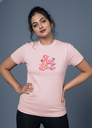 Outlaws Women Printed T Shirt - Ask My Bestie Graphic Light Pink Casual Wear