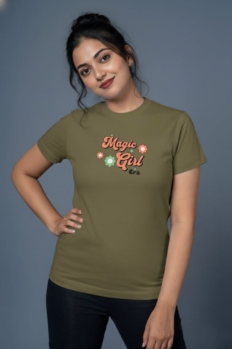 Outlaws women printed t shirt olive magic girl era graphic casual wear