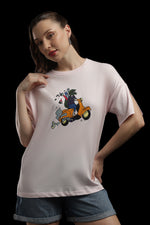 Outlaws Women Scooter Graphic Oversized T-Shirt | Pink Casual Printed Tee for Women