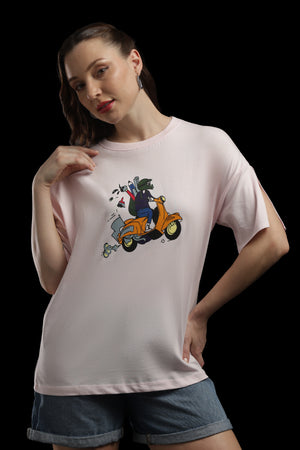 Outlaws Women Scooter Graphic Oversized T-Shirt | Pink Casual Printed Tee for Women