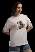 Outlaws Women Scooter Graphic Oversized T-Shirt | Pink Casual Printed Tee for Women