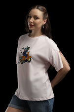 Outlaws Women Scooter Graphic Oversized T-Shirt | Pink Casual Printed Tee for Women