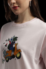 Outlaws Women Scooter Graphic Oversized T-Shirt | Pink Casual Printed Tee for Women