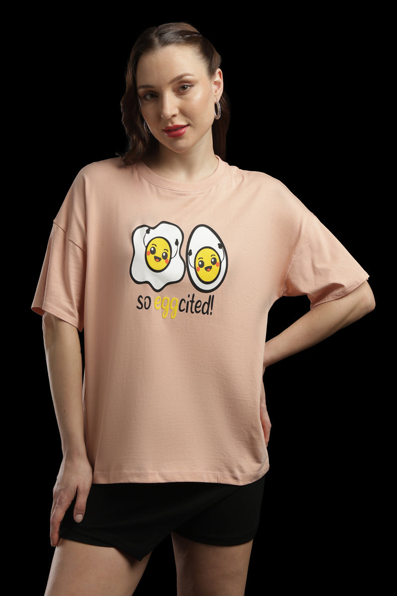 Outlaws Women So Eggcited Graphic Oversized T-Shirt | Peach Casual Printed Tee for Women