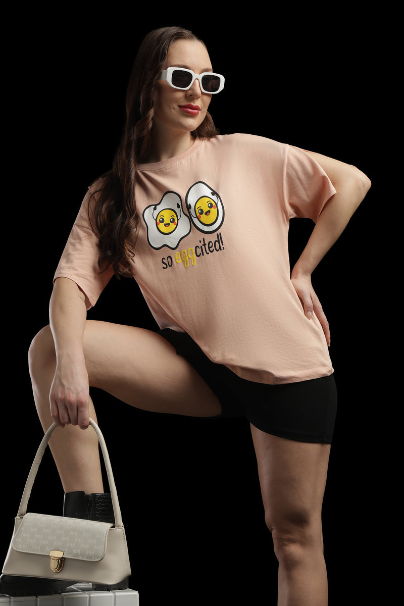 Outlaws Women So Eggcited Graphic Oversized T-Shirt | Peach Casual Printed Tee for Women