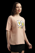 Outlaws Women So Eggcited Graphic Oversized T-Shirt | Peach Casual Printed Tee for Women