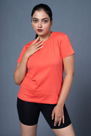 Outlaws Women Solid T Shirt - Classic Fit Coral Minimal Casual Wear
