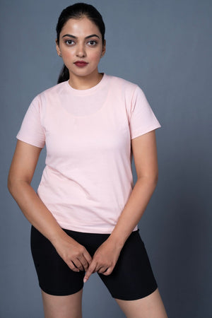 Outlaws Women Solid T Shirt - Classic Fit Light Pink Minimal Casual Wear