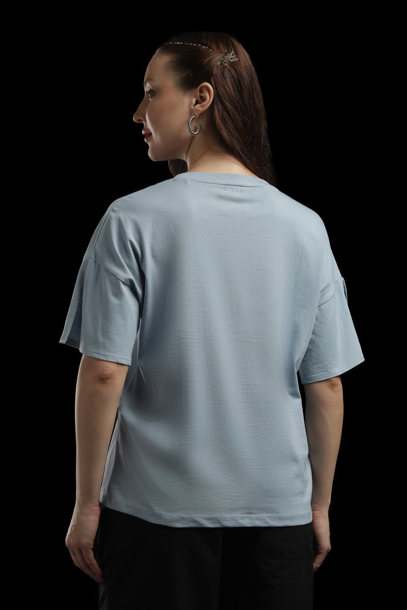 Outlaws Women Take It Easy Graphic Oversized T-Shirt | Sky Blue Casual Printed Tee for Women