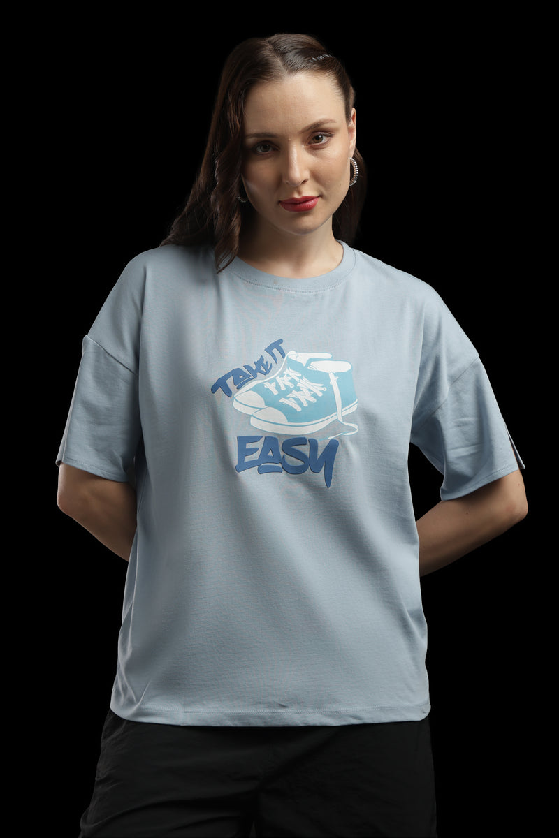 Outlaws Women Take It Easy Graphic Oversized T-Shirt | Sky Blue Casual Printed Tee for Women