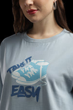 Outlaws Women Take It Easy Graphic Oversized T-Shirt | Sky Blue Casual Printed Tee for Women