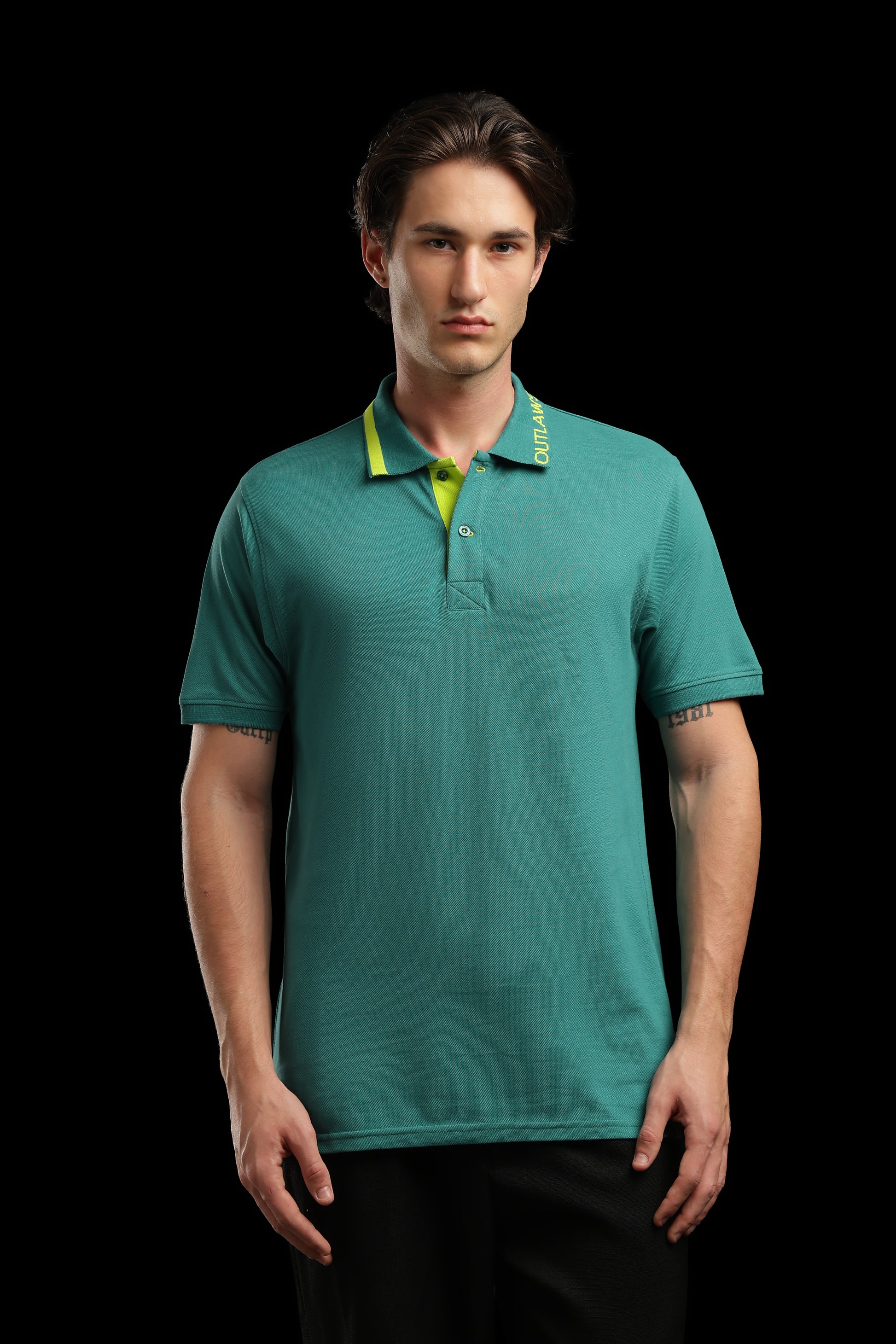 OutlawsFashion Contrast Collar Teal Green Polo T-Shirt for Men