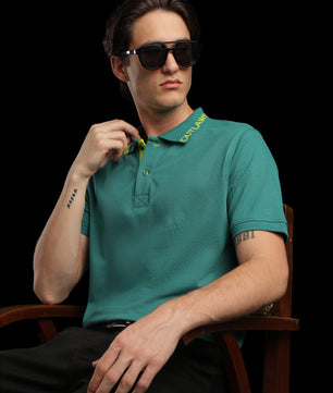 OutlawsFashion Contrast Collar Teal Green Polo T-Shirt for Men