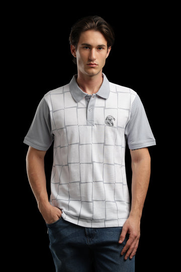 OutlawsFashion Grid Eagle White & Grey Polo T-Shirt for Men