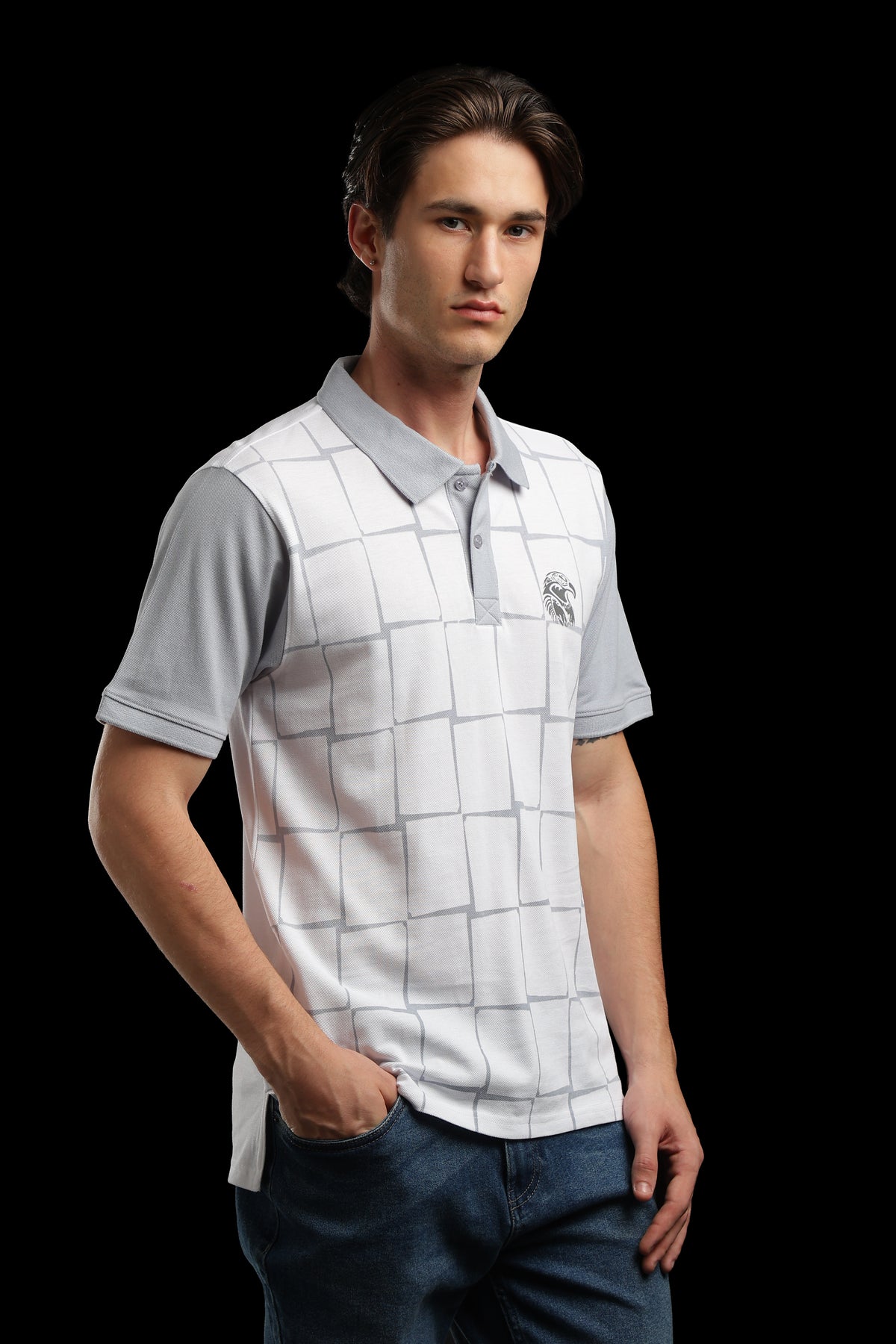 OutlawsFashion Grid Eagle White & Grey Polo T-Shirt for Men