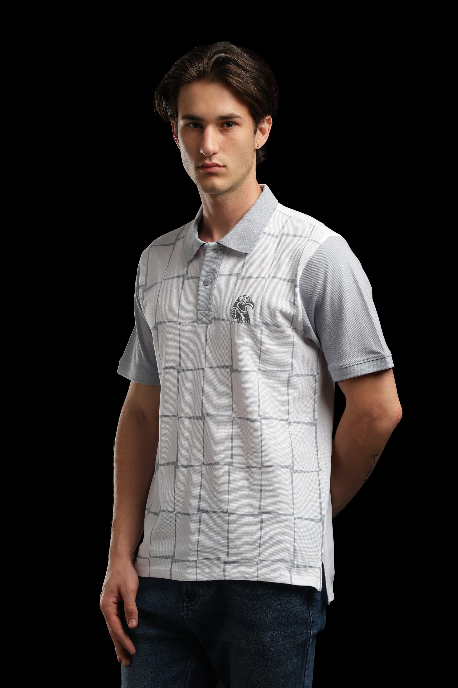 OutlawsFashion Grid Eagle White & Grey Polo T-Shirt for Men