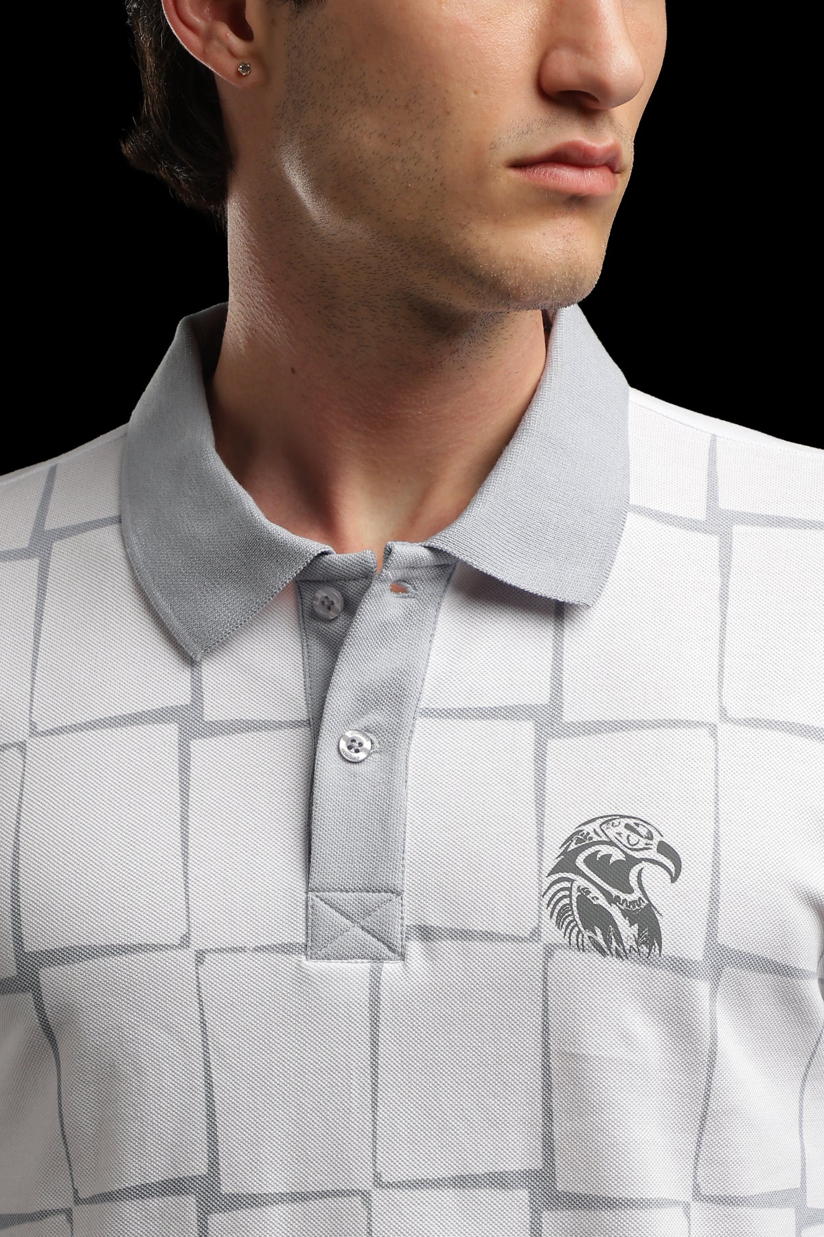 OutlawsFashion Grid Eagle White & Grey Polo T-Shirt for Men