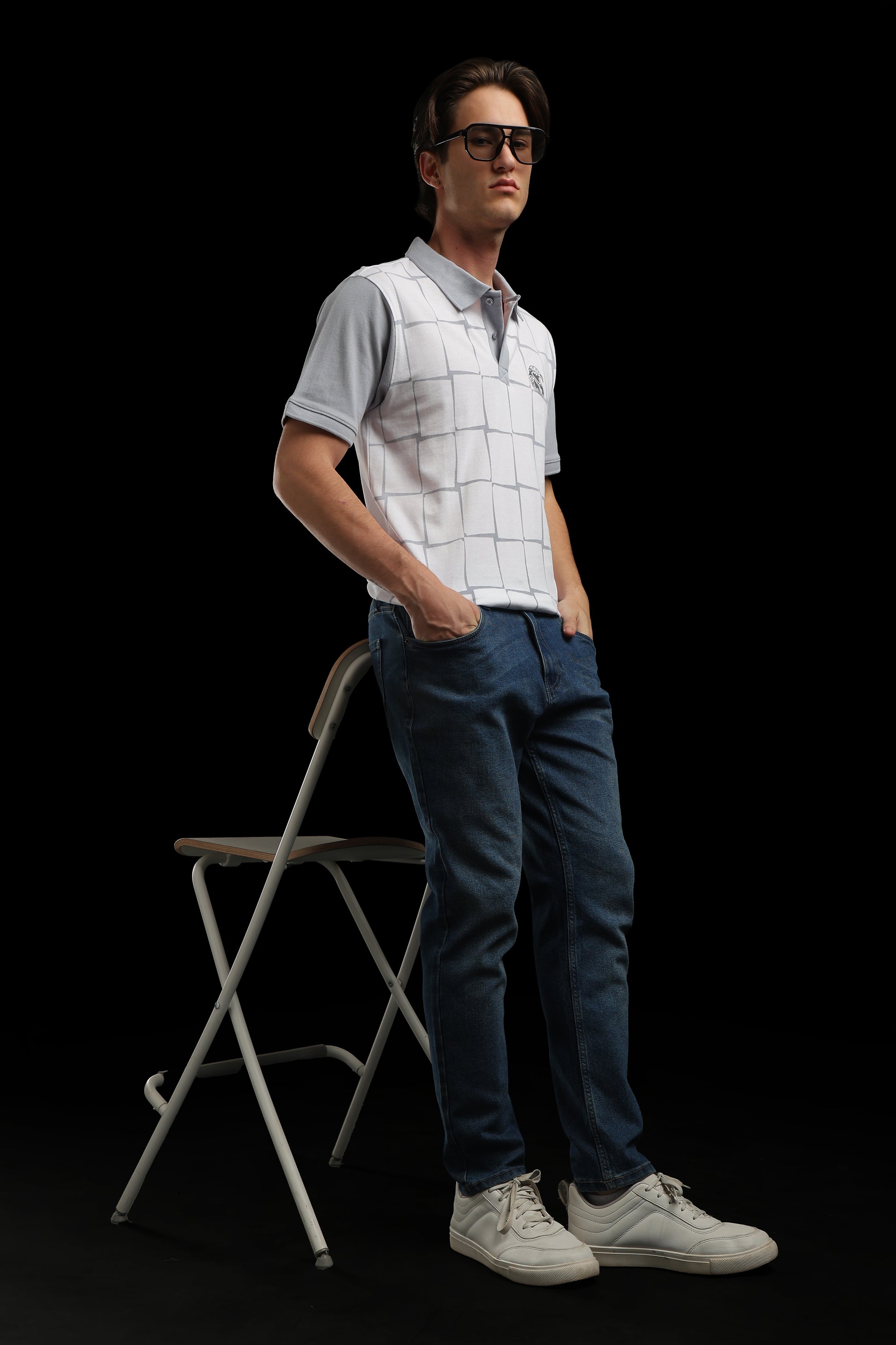 OutlawsFashion Grid Eagle White & Grey Polo T-Shirt for Men