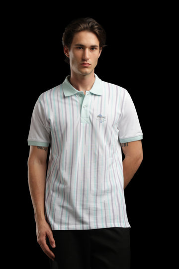 OutlawsFashion Marine Stripe White & Mint Green Polo T-Shirt for Men