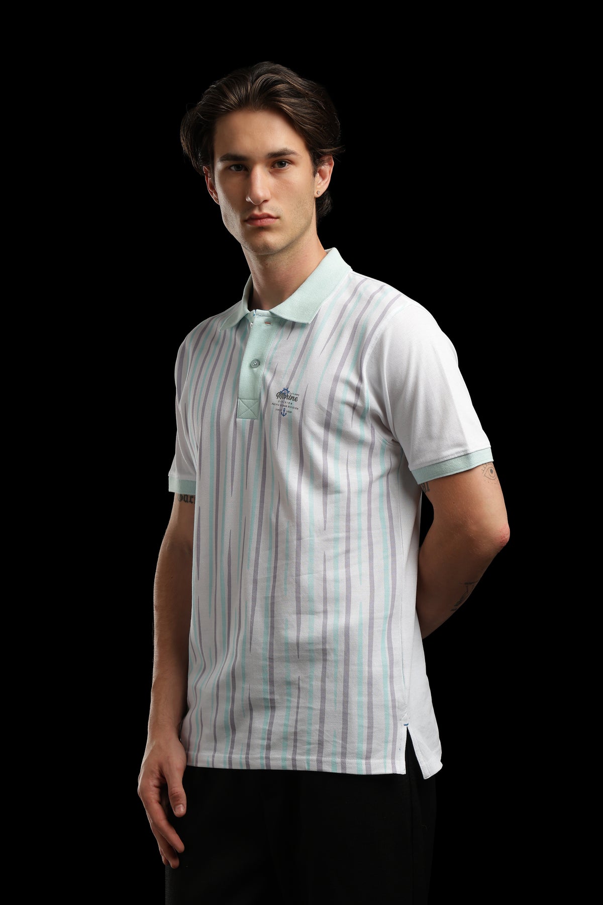 OutlawsFashion Marine Stripe White & Mint Green Polo T-Shirt for Men