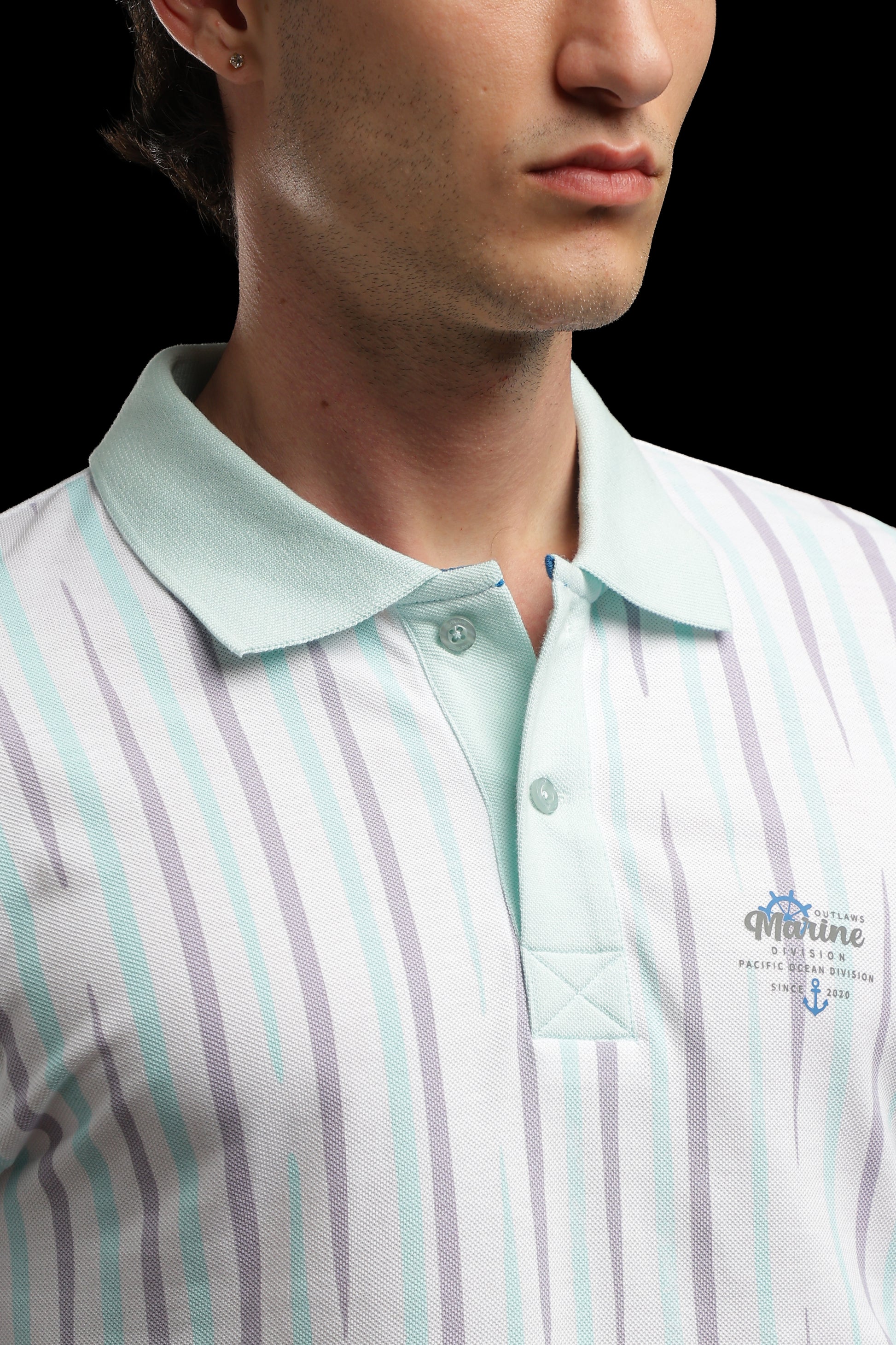 OutlawsFashion Marine Stripe White & Mint Green Polo T-Shirt for Men